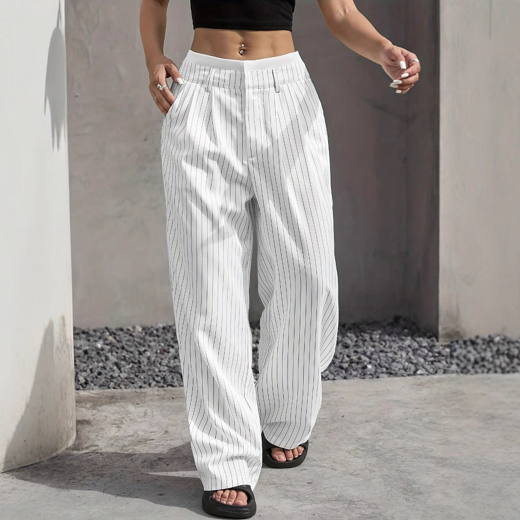Women's High Waist Stripe Printed Straight-Leg Trousers – Casual Suit Pants with Zipper & Pockets