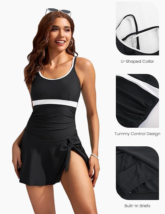 Women Swimsuit One Piece U-Neck Cross Skirted Size L Black