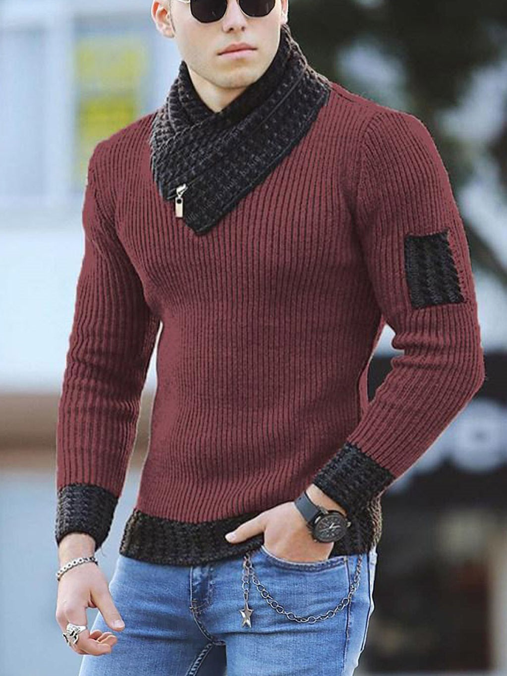 Men's Slim Knit Pullover Sweater with Scarf Collar – Long Sleeve Casual
