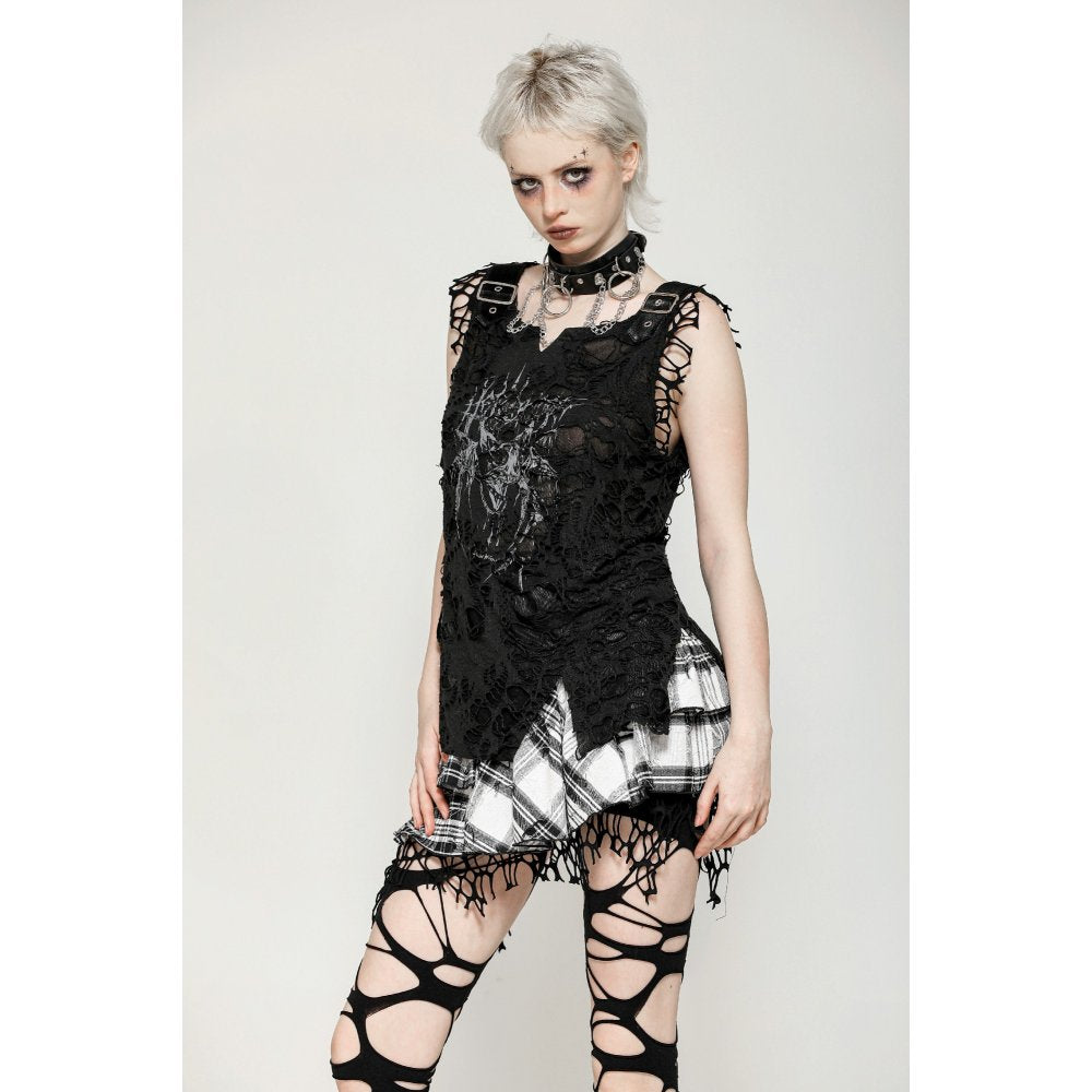 Dark in Love Quinn Punk Black and White Checkered Asymmetrical Messy Net Skirt