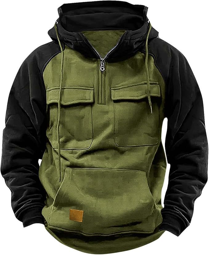 Men's Retro Cargo Half-Zip Fleece Hoodie – Warm Multi-Pocket Outdoor Hooded Jacket