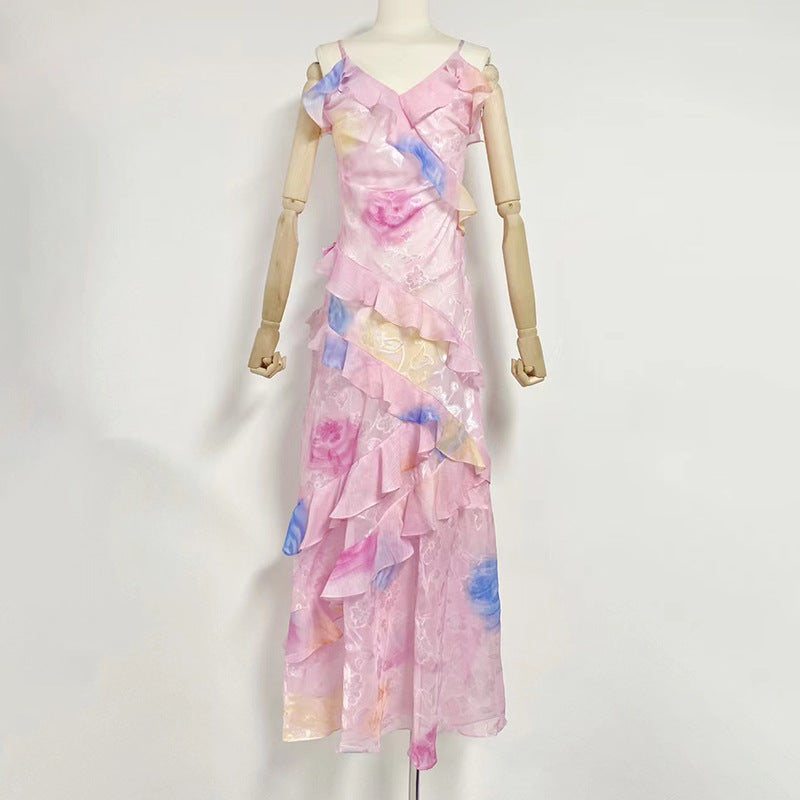 V-neck Strap Printed Backless Slim Fit Ruffled Dress