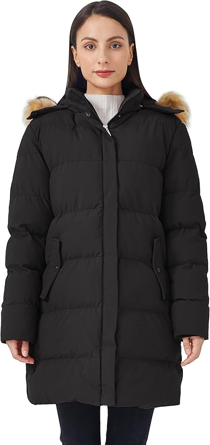 Womens Puffer Coat Winter Warm Faux Fur Removable Hood Black Size L WenVen