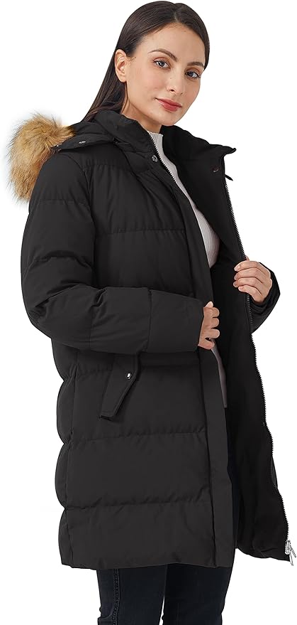 Womens Puffer Coat Winter Warm Faux Fur Removable Hood Black Size L WenVen