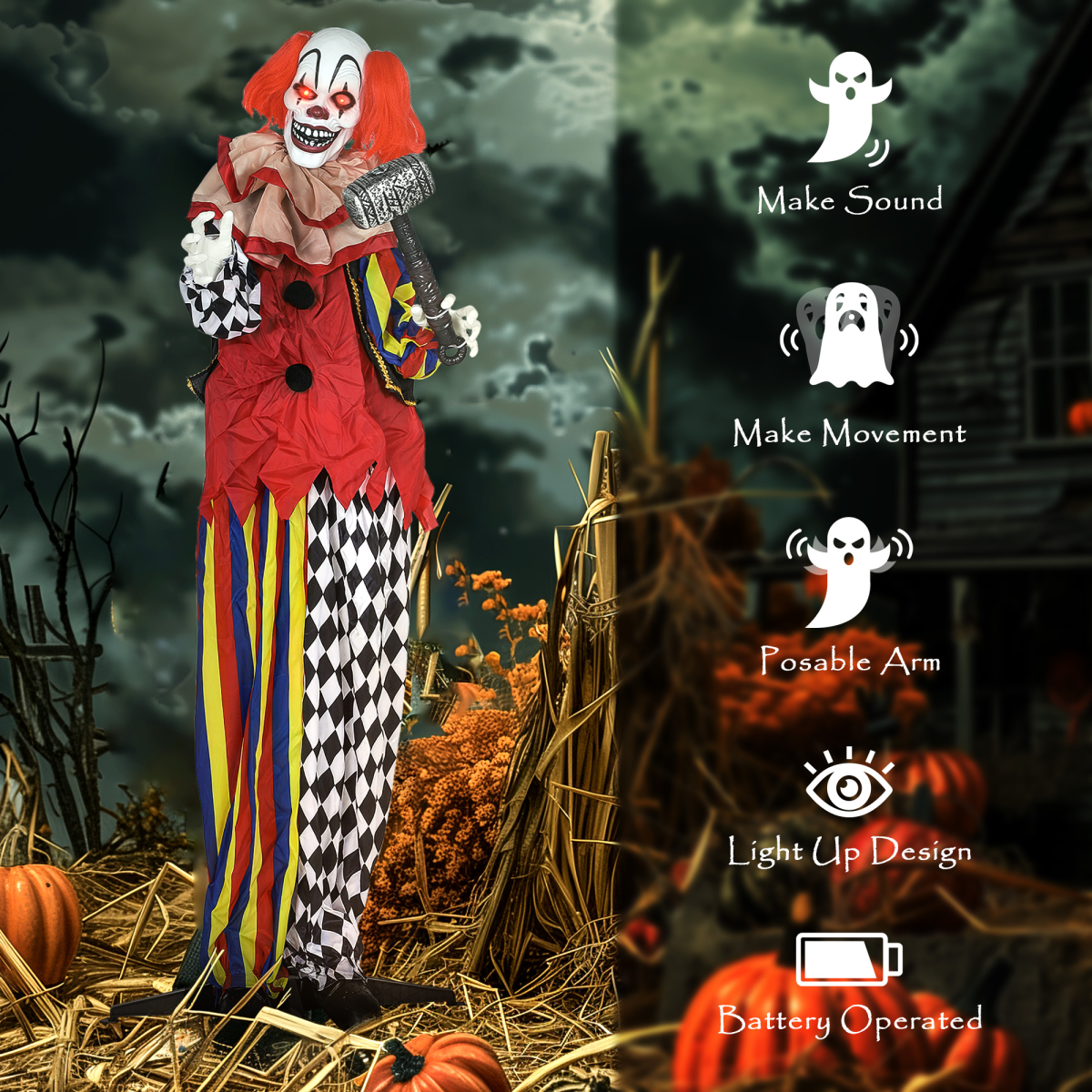 Elvoro 173cm Animated Halloween Clown Decoration with Sound & Lights