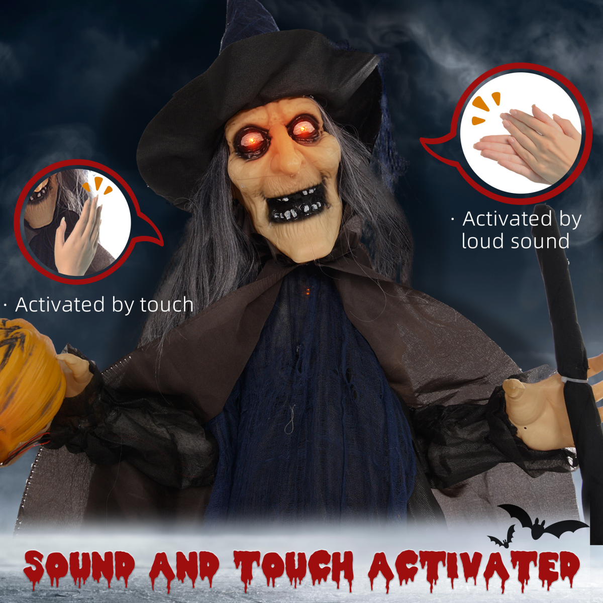 HOMCOM Animatronic Halloween Witch with Broomstick, Light-Up Red Eyes, Moving Arms & Head