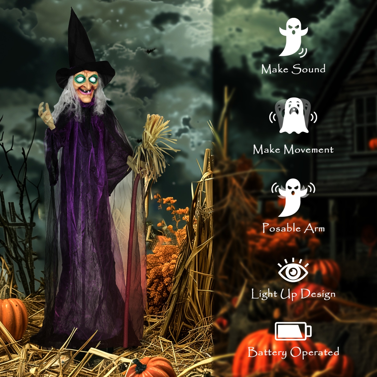 Outsunny Voice Activated Halloween Animatronics Standing Witch, Purple