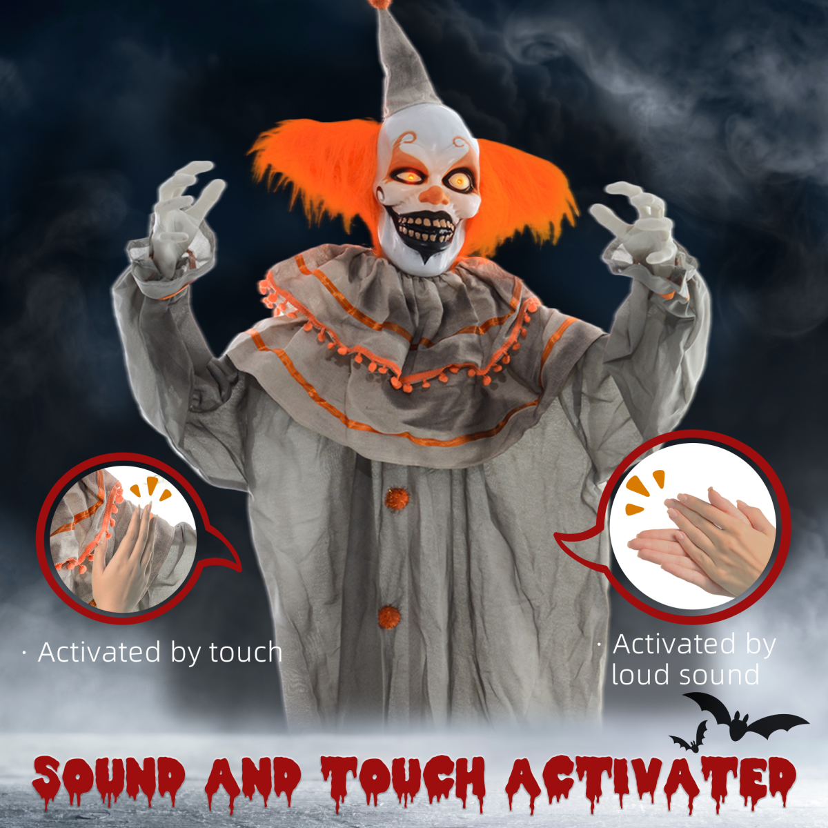 HOMCOM Halloween Clown Animatronic Prop, Light-Up Red Eyes, Moving Head Arms