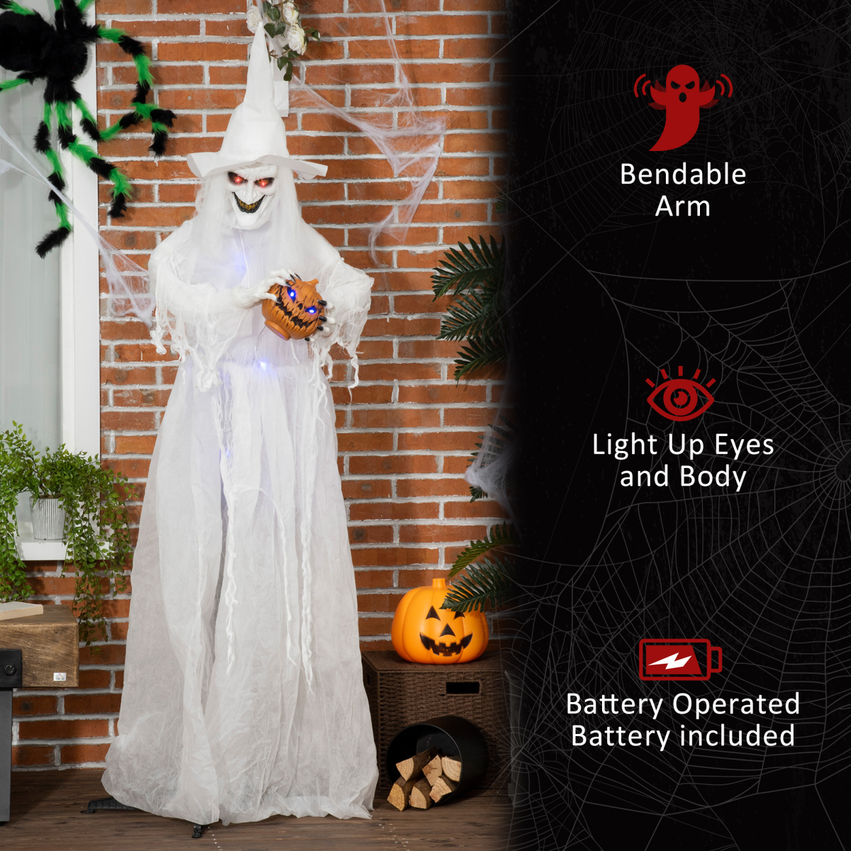 72" Motion Light-Up White Witch with Pumpkin & Skeleton Ghosts, Battery Operated