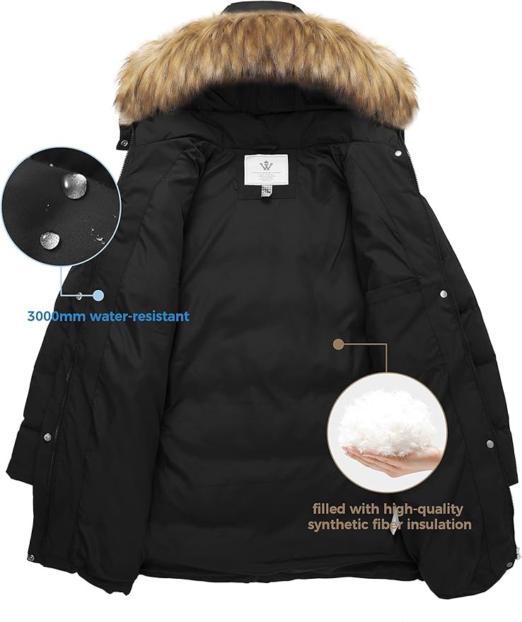 Womens Puffer Coat Winter Warm Faux Fur Removable Hood Black Size L WenVen