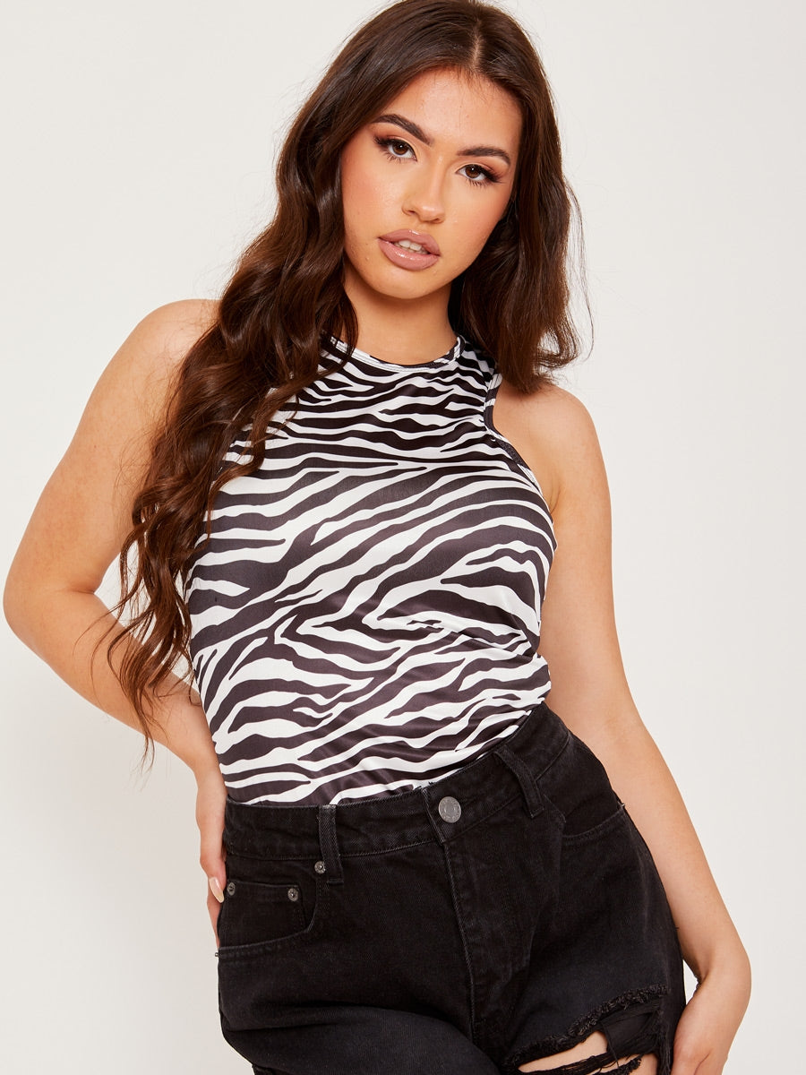 Zebra Print Racer Back Sleeveless Bodysuit