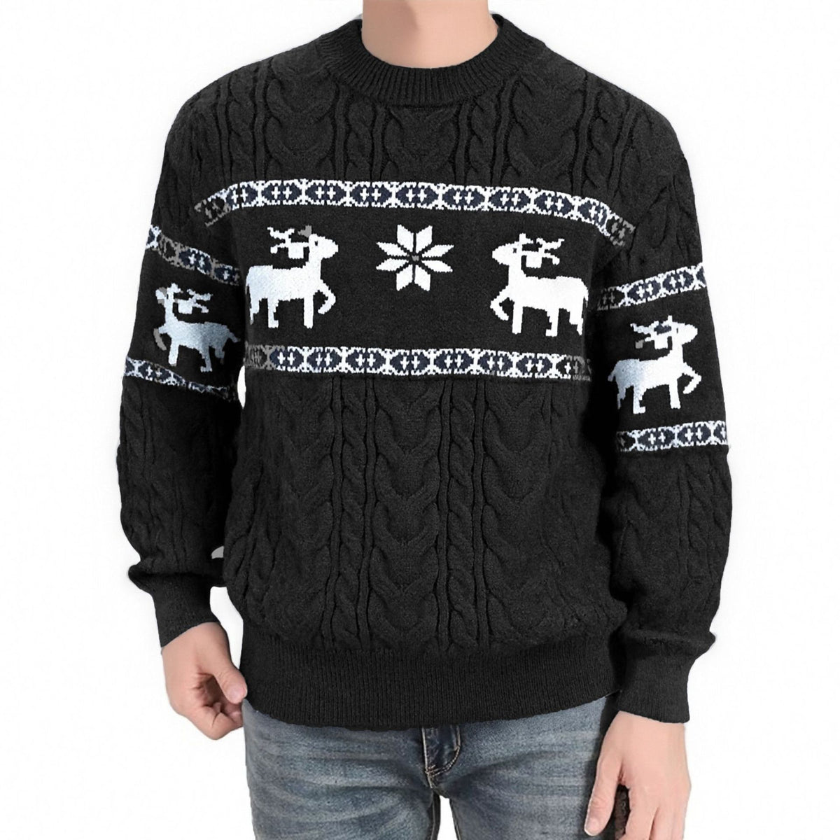 Men's Ugly Christmas Deer Knitted Sweater – Thick Warm Round Neck Pullover