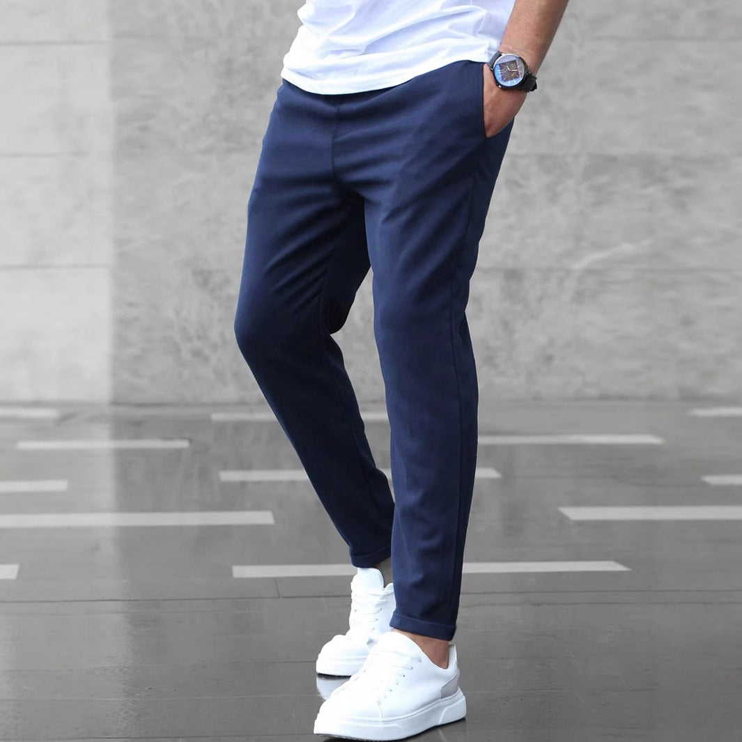 Men's Casual Drawstring Trousers Slim Fit Straight Leg Pants with Pockets Trendy