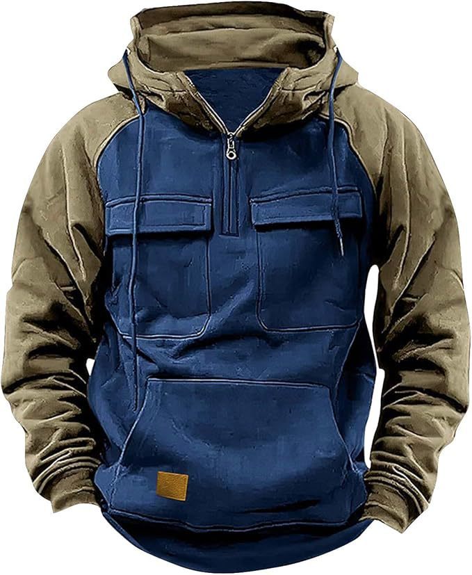 Men's Retro Cargo Half-Zip Fleece Hoodie – Warm Multi-Pocket Outdoor Hooded Jacket