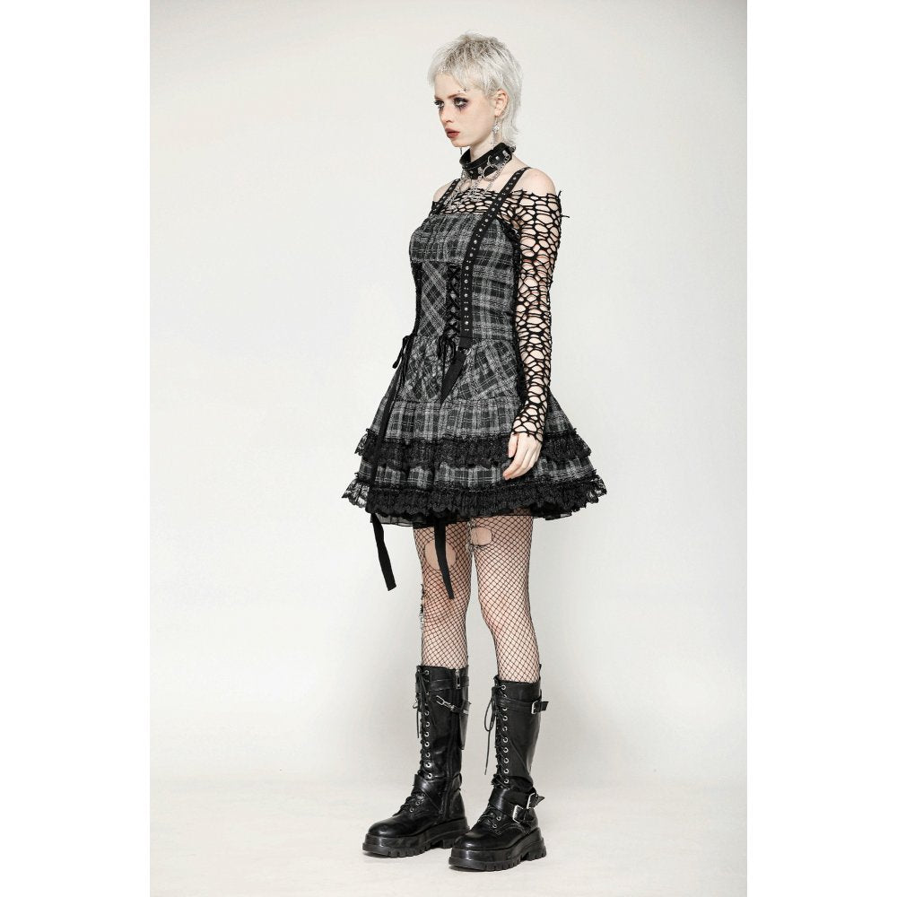 Dark in Love Ida Punk Grey Tartan Metal Studded Dress