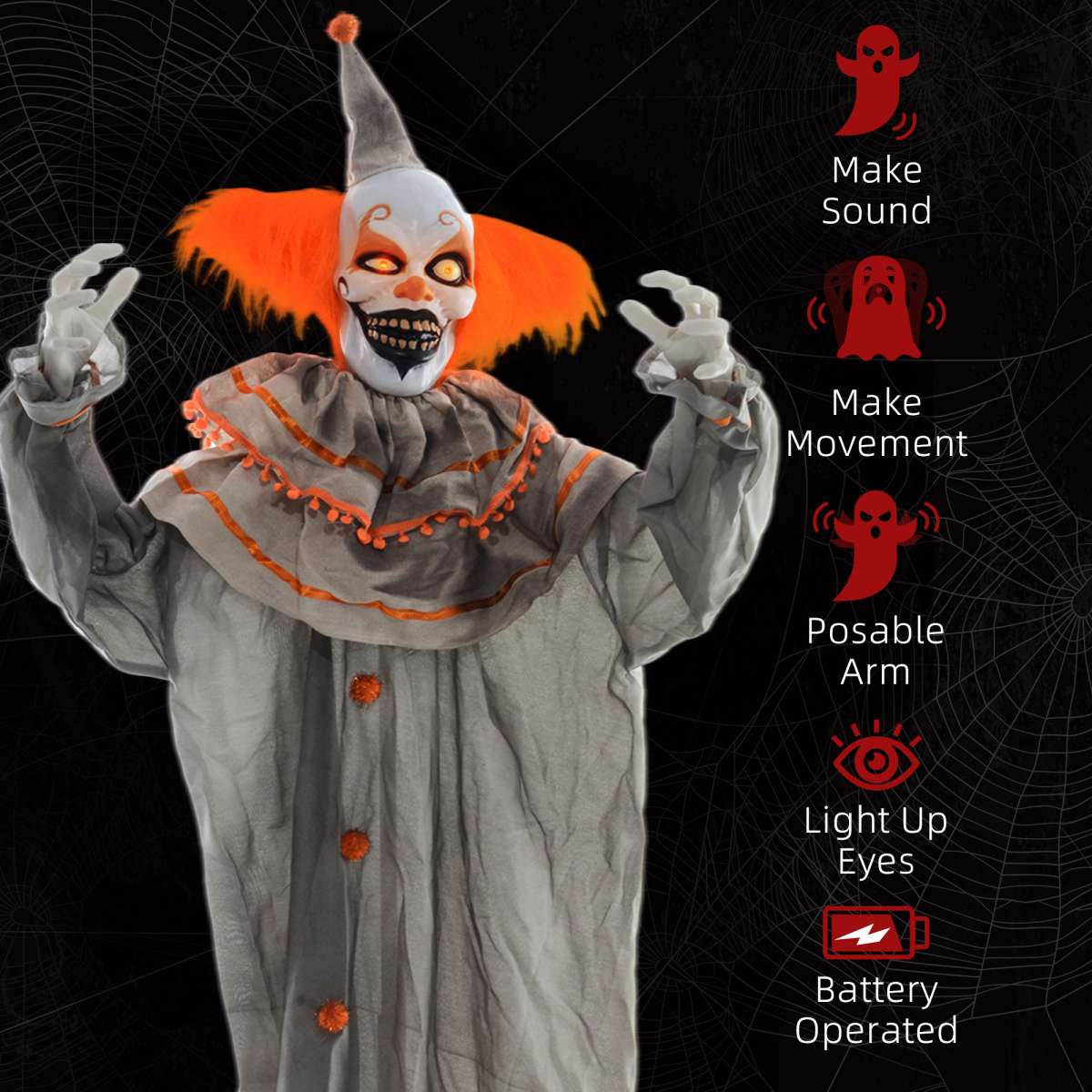 HOMCOM Halloween Clown Animatronic Prop, Light-Up Red Eyes, Moving Head Arms