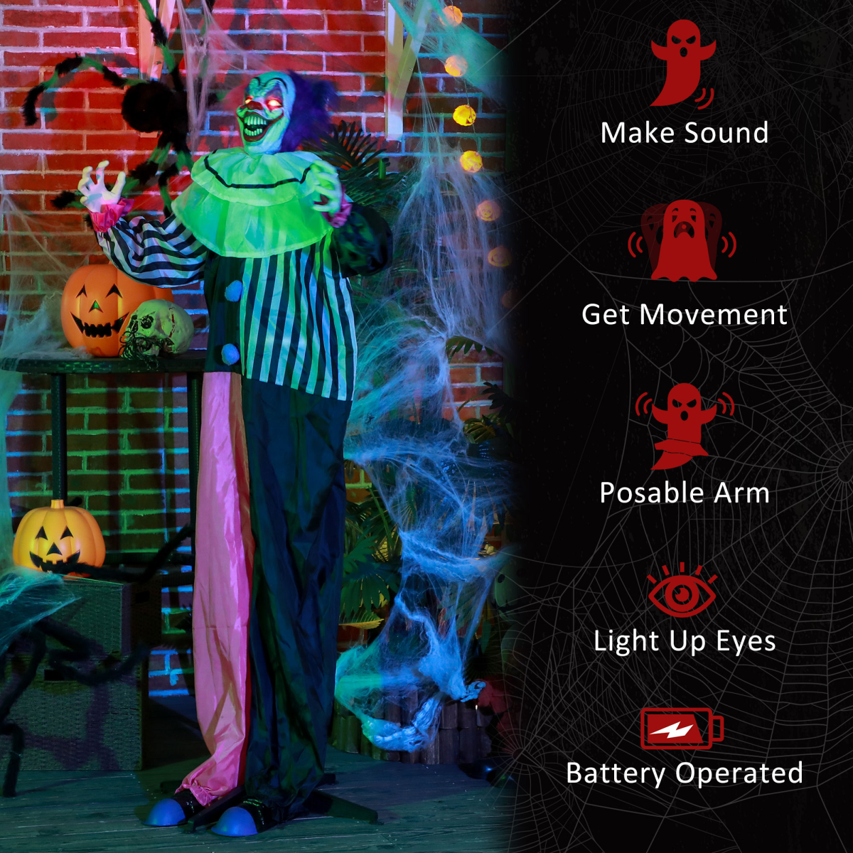 HOMCOM Halloween Clown Animatronic Prop with Glowing Red Eyes, Sounds & Motion