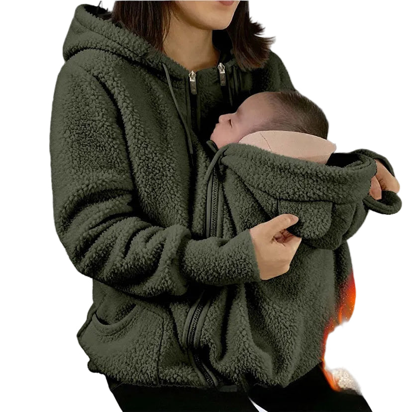 Corduroy Hooded Sweatshirt With Baby-pocket Women's Thickened Zip-up Jacket For Parent-Child Matching Outfits