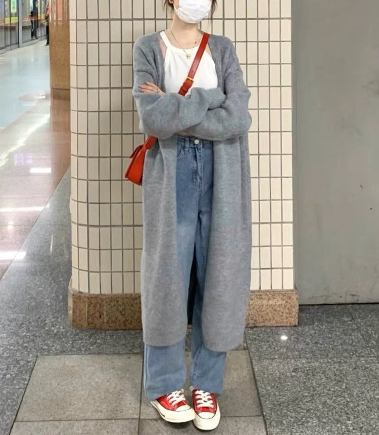 Women's Mid-length Knitted Cardigan V-neck Thickened Sweater Coat