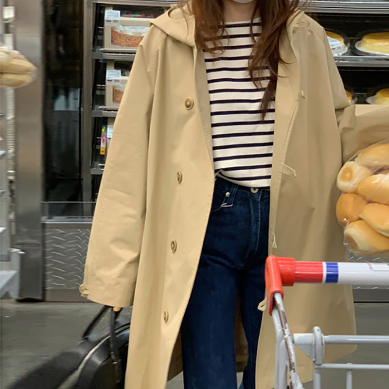 Sweet Girly Temperament Mid-length Hooded Trench Coat Women