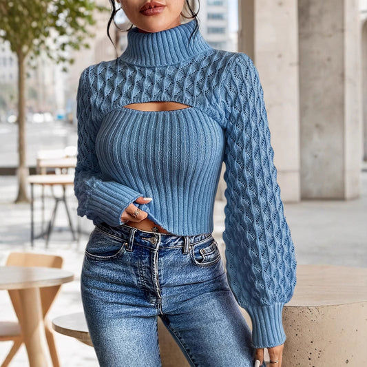 Women's Turtleneck Hollow Sweater Cable-knit Sweater