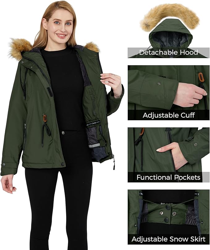 Womens Ski Jacket Waterproof Snowboarding Winter Coat Army Green XL Wantdo