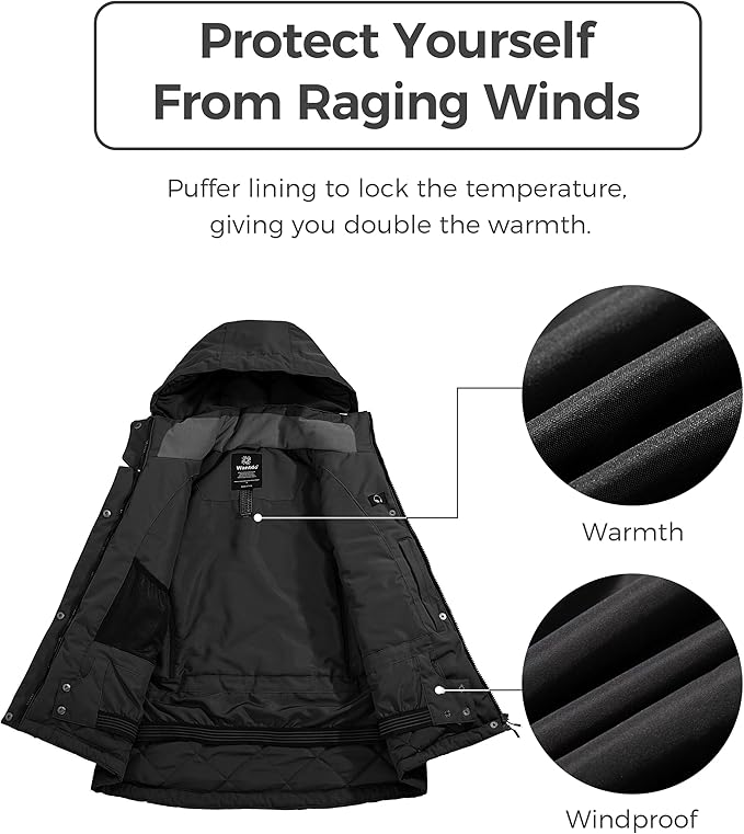Womens Ski Jacket Waterproof Windproof Snowboard Coat Black Size XL Wantdo