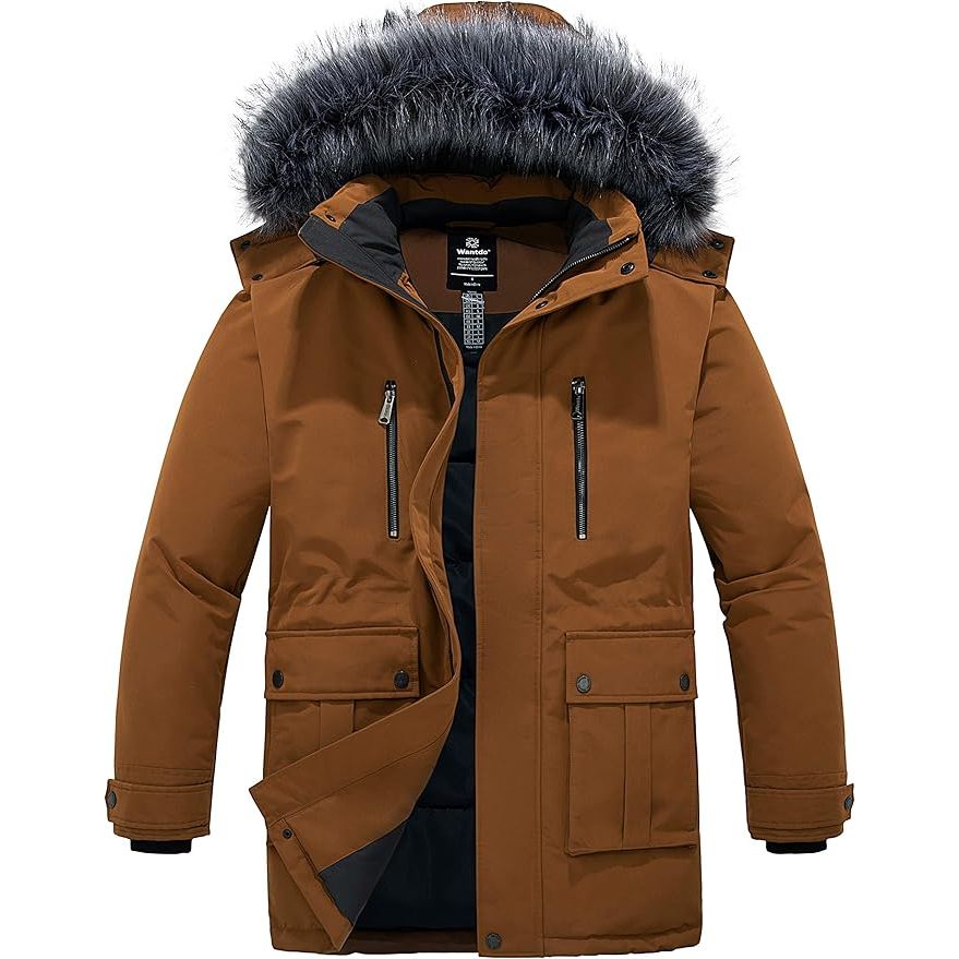 Mens Long Puffer Jacket Winter Windproof Padded Coat Brown Size S Wantdo