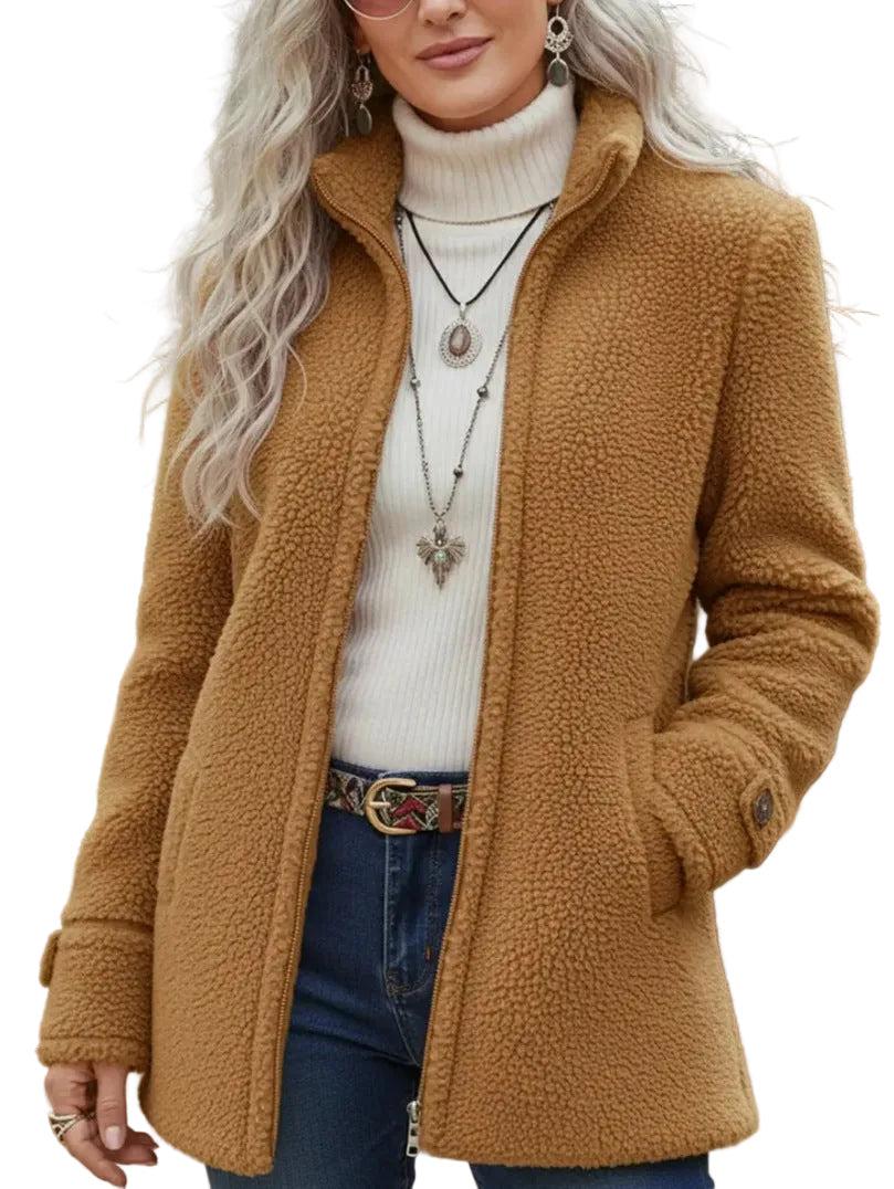 Fleece Zip-Up Jacket Women's Stand Collar Solid Color Loose Fit Casual Long Sleeve Outerwear Clothing