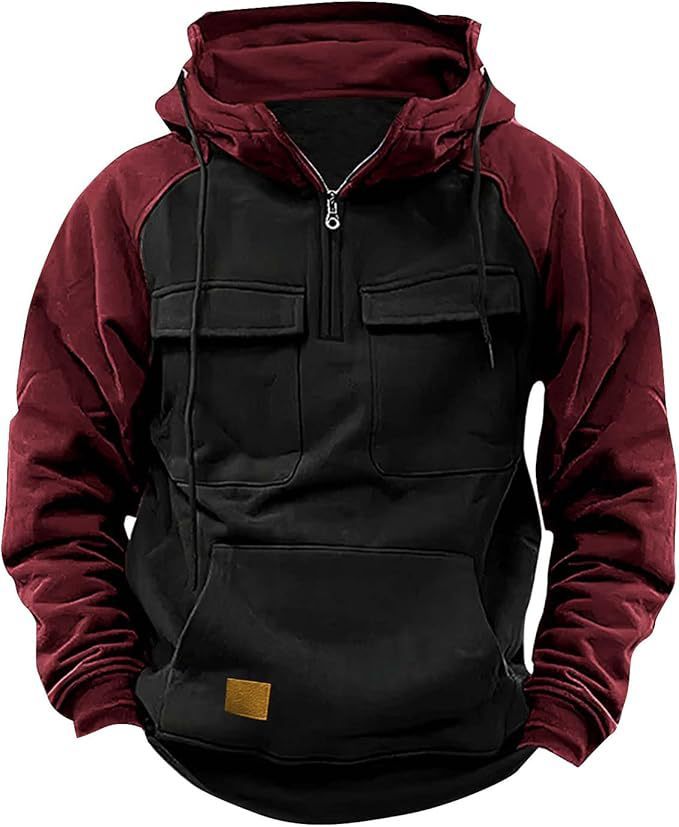 Men's Retro Cargo Half-Zip Fleece Hoodie – Warm Multi-Pocket Outdoor Hooded Jacket