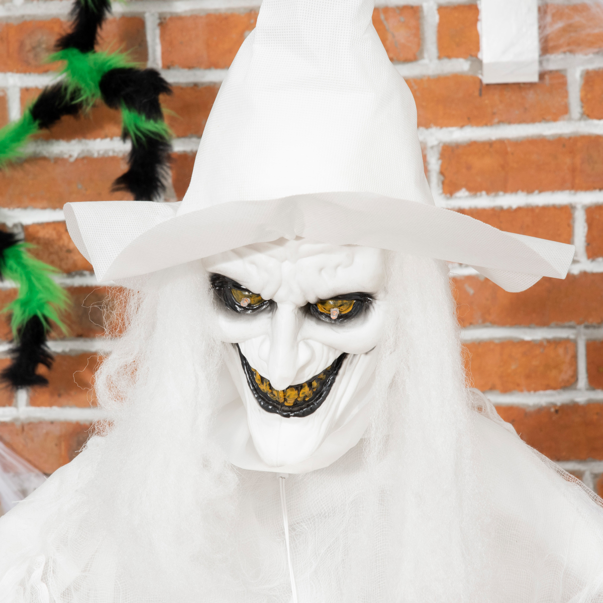 72" Motion Light-Up White Witch with Pumpkin & Skeleton Ghosts, Battery Operated