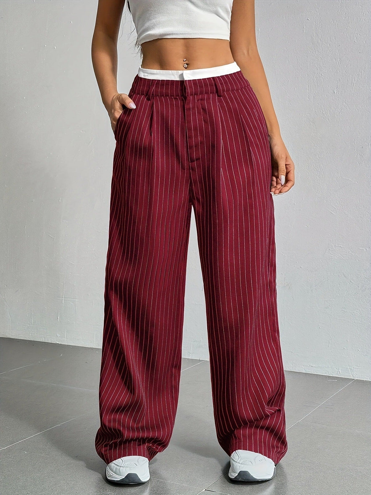 Women's High Waist Stripe Printed Straight-Leg Trousers – Casual Suit Pants with Zipper & Pockets