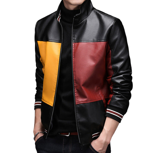 Men’s Color Block Suede Leather Jacket – Warm Plus-Lined Fashion Outerwear