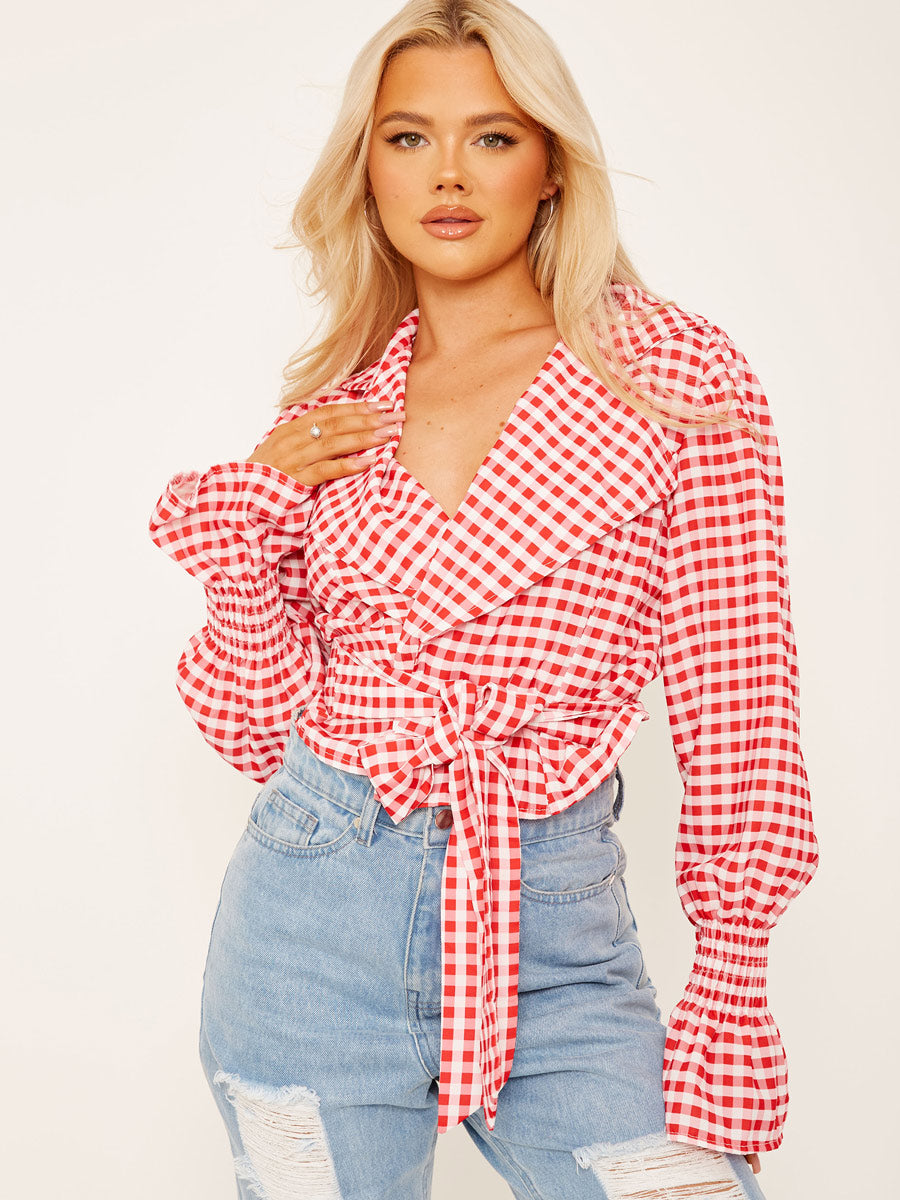 Checked Wrap Front Tie Knot Top