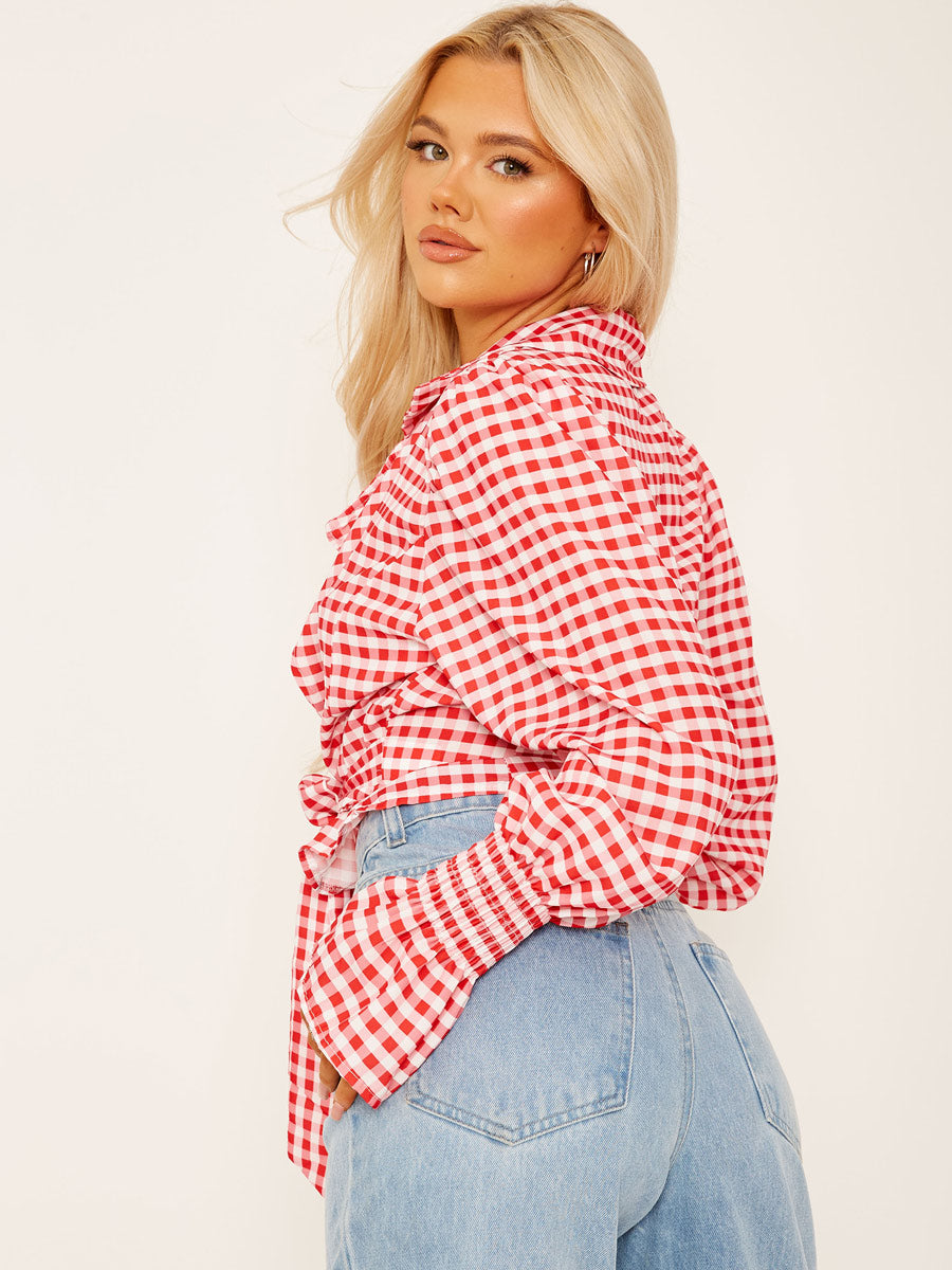 Checked Wrap Front Tie Knot Top