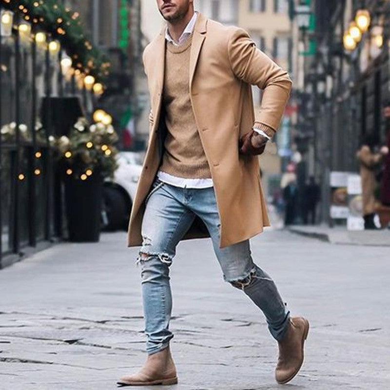 Men's Winter Trench Coat – Long Slim Fit Overcoat, Khaki or Black