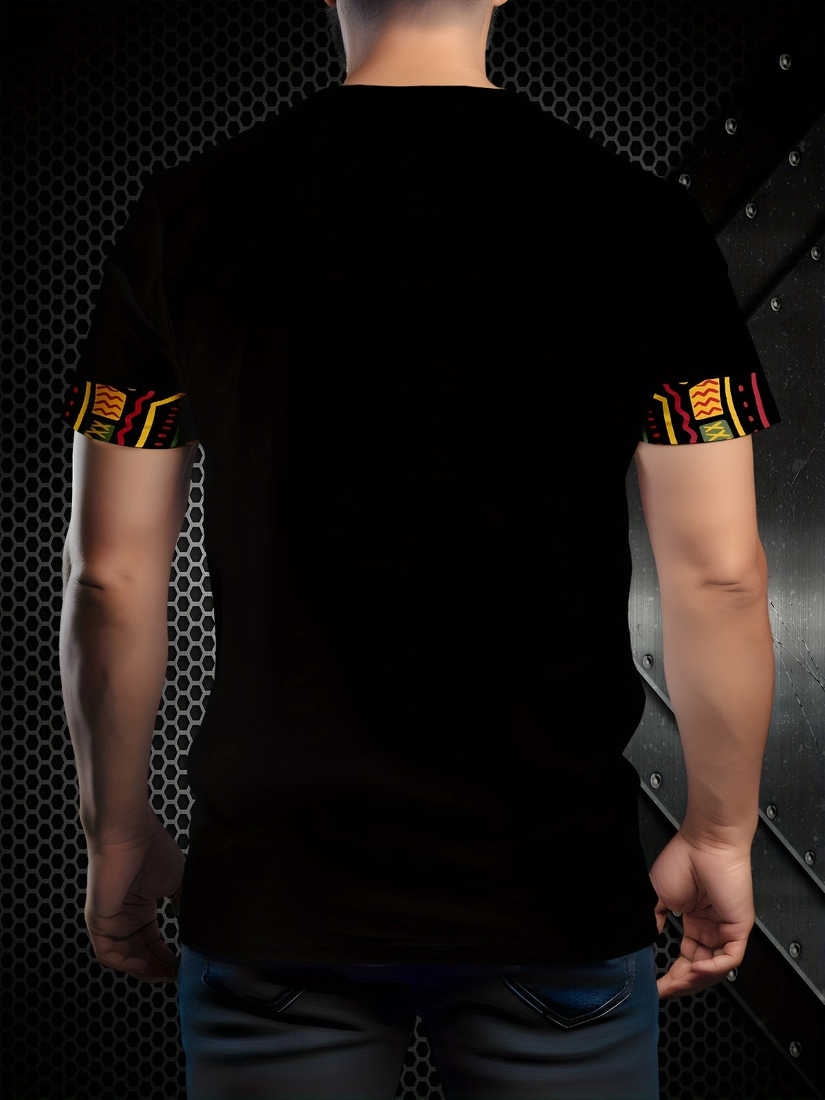 Men's Breathable Casual T-Shirt with Vibrant Geometric Print - Short Sleeve, Polyester Blend, Round Neck T=Shirt