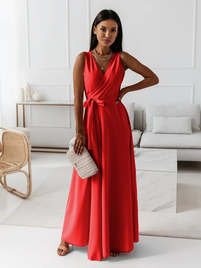 V-neck Sleeveless Dress With Belt Summer Fashion Party Club Evening Maxi Dresses For Women Clothing