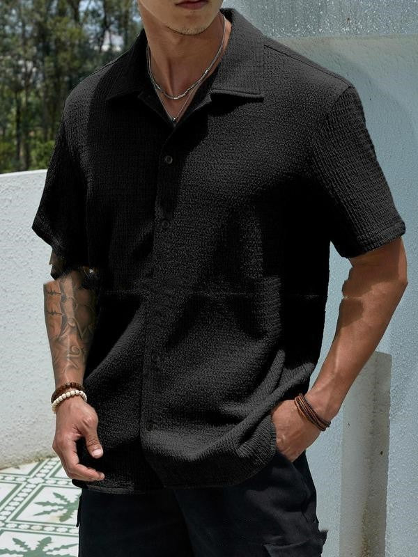 Men's Solid Color Short Sleeve Shirt Fashion Casual Button Lapel Tops Clothing