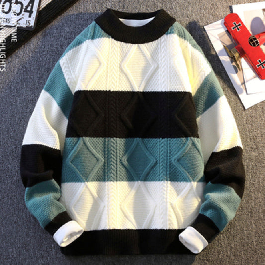 Men's Casual Round Neck Sweater Contrast Color Knitwear Top