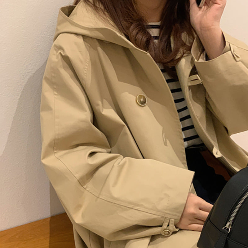 Sweet Girly Temperament Mid-length Hooded Trench Coat Women