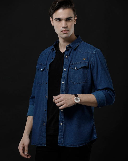 Men's Slim Fit Solid Denim Casual Shirt (ANTOL)