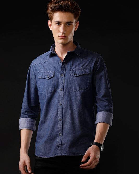 Men's Slim Fit Solid Denim Casual Shirt (ANIME)