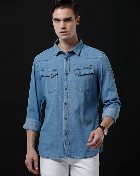 Men's Slim Fit Solid Denim Casual Shirt (ANSOL)