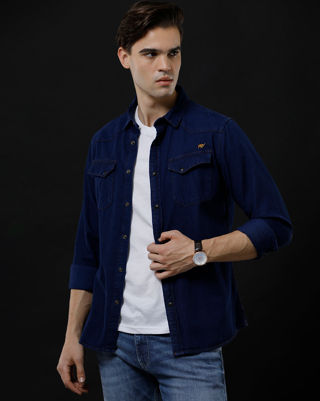 Men's Slim Fit Solid Denim Casual Shirt (ANTIQ)