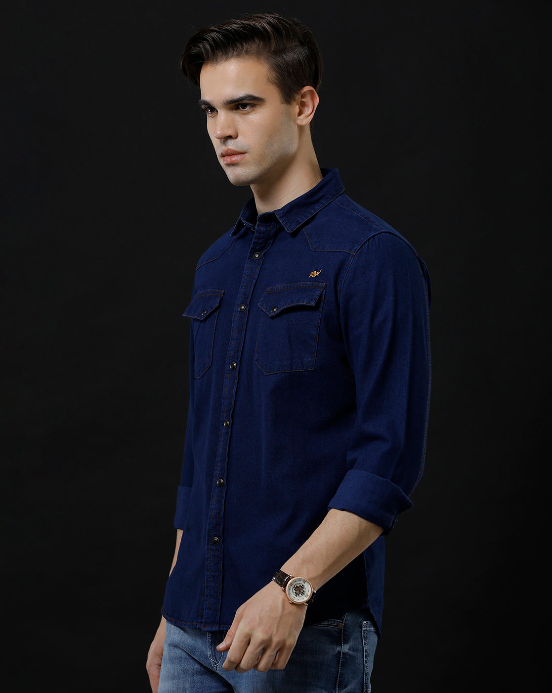 Men's Slim Fit Solid Denim Casual Shirt (ANTIQ)