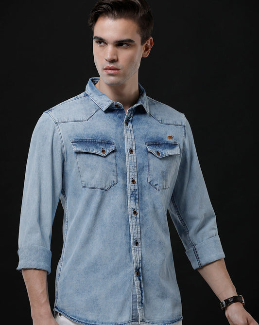 Men's Slim Fit Solid Denim Casual Shirt (ANANT)