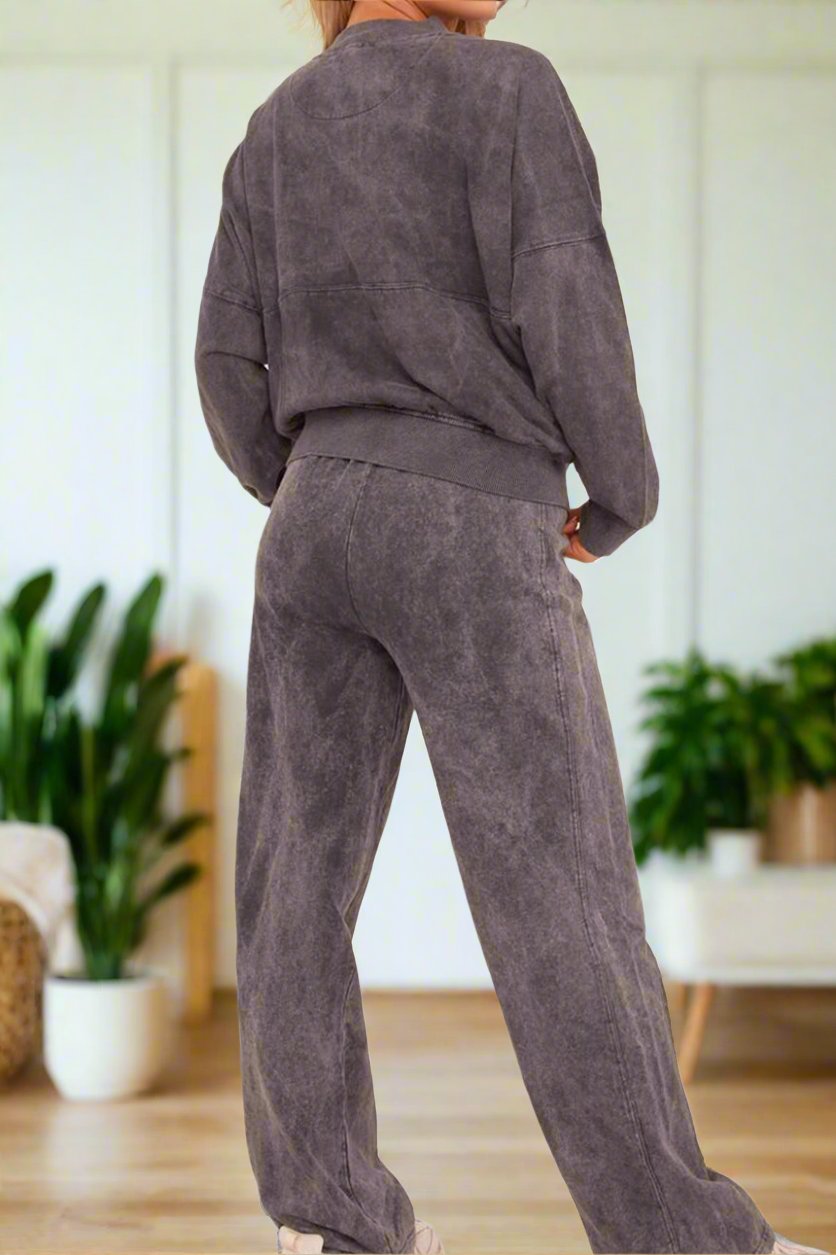 Acid Wash Effect Fleece Zip Front Bomber Sweatshirt & Joggers Loungewear Co-Ord Set