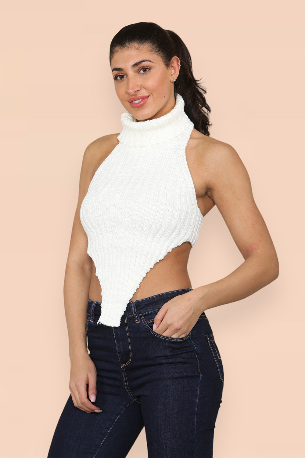 High Neck Roll Knitted Backless Front Cropped Top