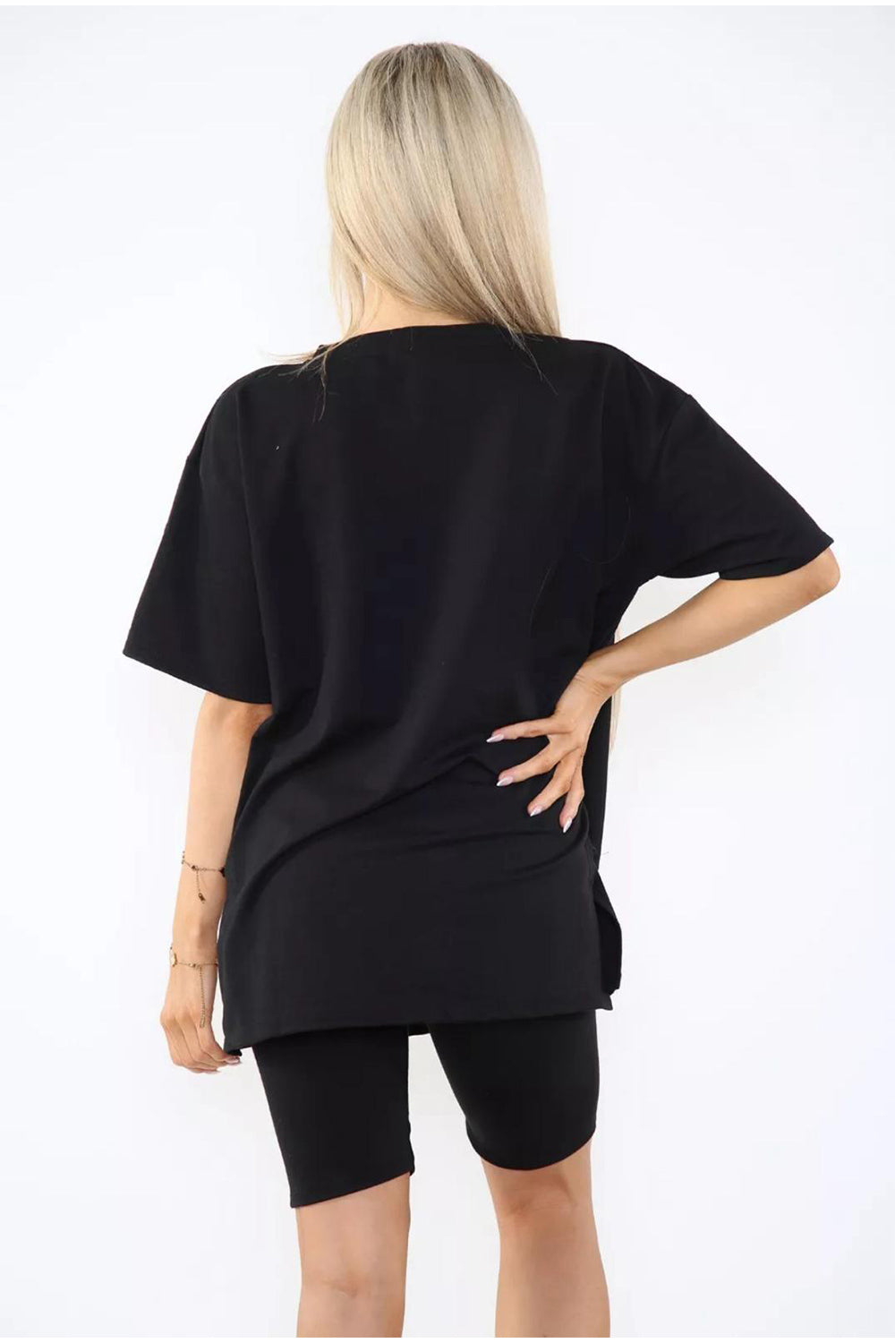 Love Side Slit Cycling Short and T-Shirts Co-Ord Two Piece Set with Front Love Slogan